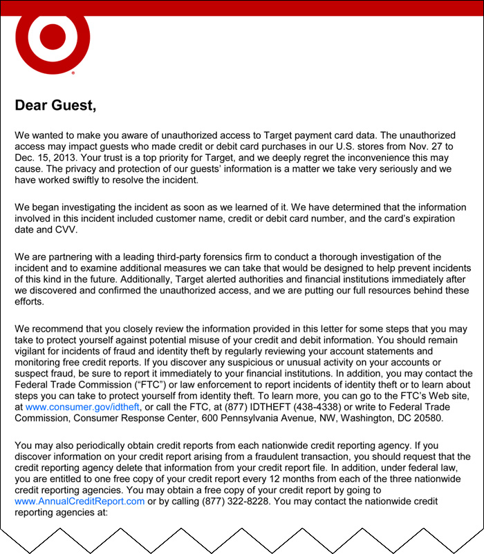 Initial email (truncated) sent by Target on 12/19/2013. The original email included an additional 4 pages of information.