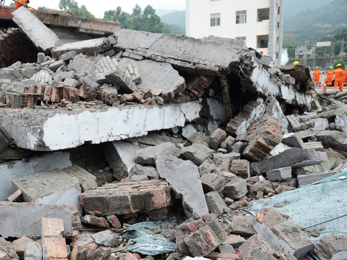 Destroyed building from demolition or earthquake.